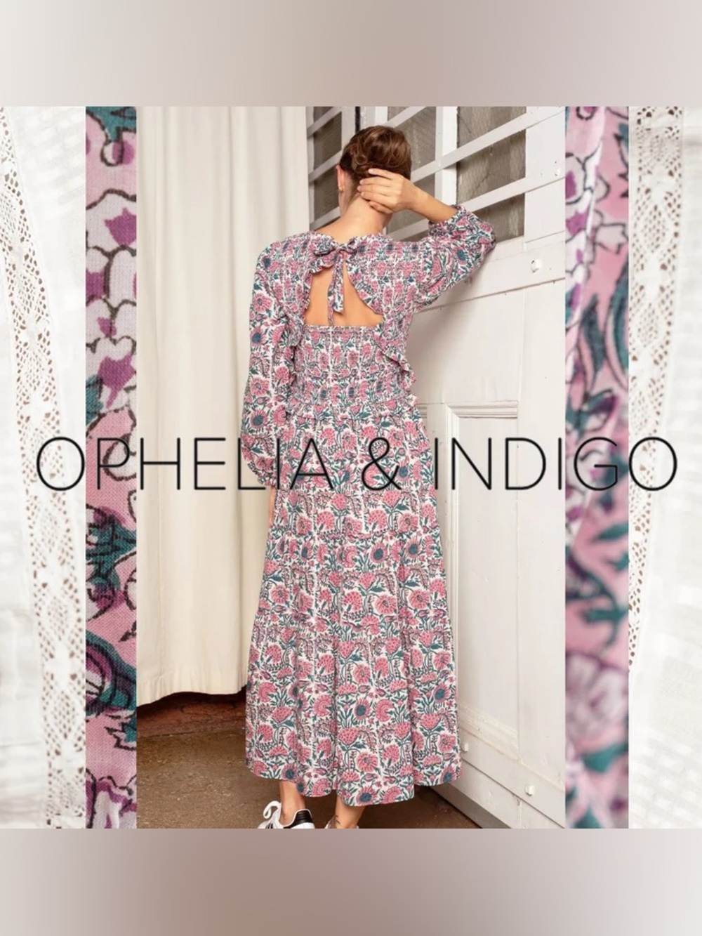 OPHELI & INDIG  Floral Tie-Back Block Print Cotton Maxi Dress - Size Med